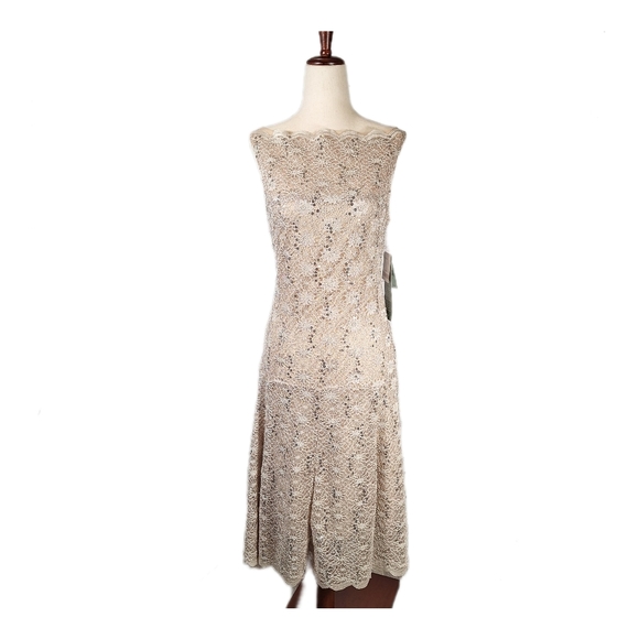 NWT $90 J. Taylor Lace Sequin Cocktail Dress, Size 12, Taupe/beige - Picture 2 of 11